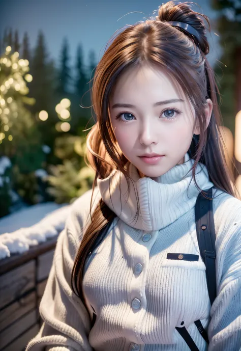 8K, of the highest quality, masutepiece:1.2), (Realistic, Photorealsitic:1.37), of the highest quality, masutepiece, Beautiful young woman, Pensive expression,、A charming、and an inviting look, skiing、snowboarder、Ski Wear, Hair tied back, Cinematic backgrou...