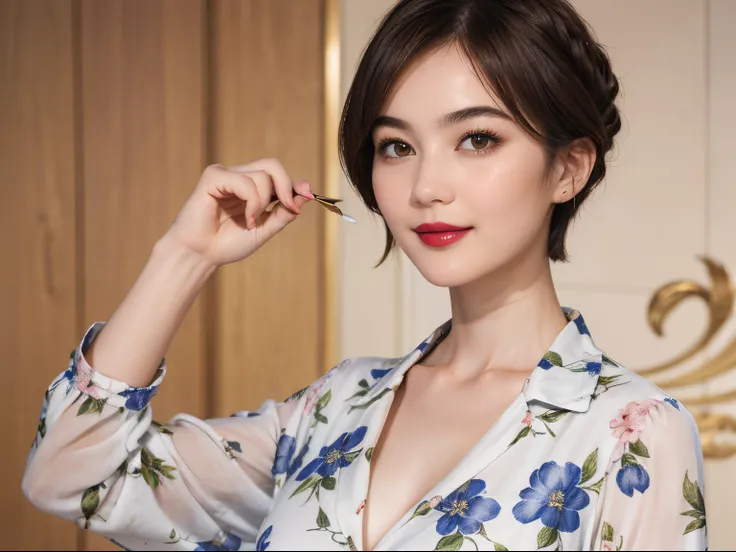 109
(a 20 yo woman,is standing), (A hyper-realistic), (high-level image quality), ((beautiful hairstyle 46)), ((short-hair)), (Gentle smile), (Keep your mouth shut), (lipsticks), (breasted:1.1), Floral clothing