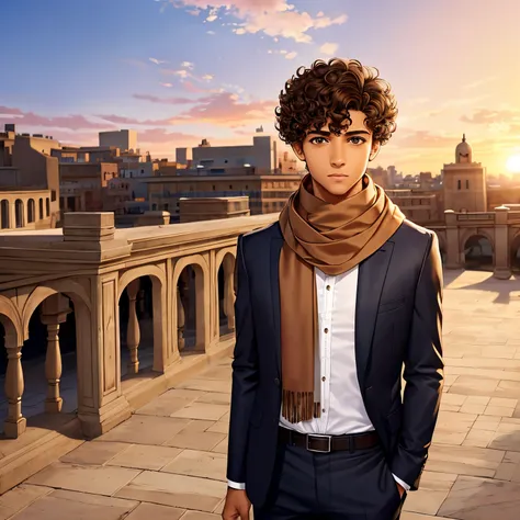 Average height, Boy, tan skin, fade cut, curly hair, brown eyes, formal outfit, very detailed, scarf, beautiful sky background, posing, cane