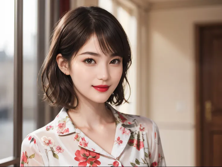 109
(a 20 yo woman,is standing), (A hyper-realistic), (high-level image quality), ((beautiful hairstyle 46)), ((short-hair)), (Gentle smile), (Keep your mouth shut), (lipsticks), (breasted:1.1), Floral clothing