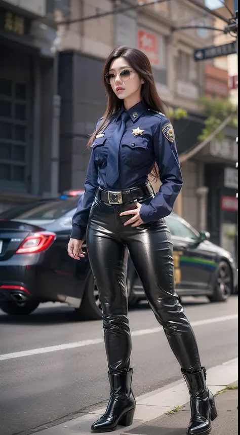 Physically-based rendering, (Two Women:1), Beautiful Beautiful Girl、22year old、female cop, (Beautiful butt:1.2), Street, sexy muscular body, Slim waist, Charming curves、round soft butt, (Full body:1.3), long legged、Walking, Shiny black pants that fit perfe...