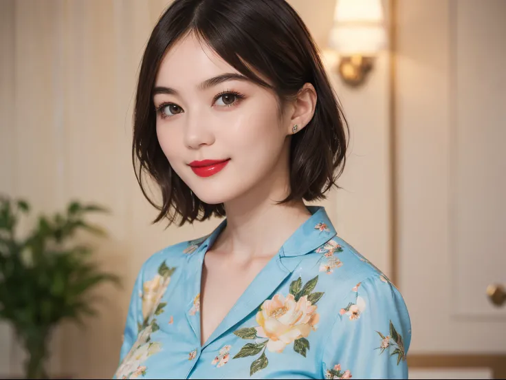 109
(a 20 yo woman,is standing), (A hyper-realistic), (high-level image quality), ((beautiful hairstyle 46)), ((short-hair)), (Gentle smile), (Keep your mouth shut), (lipsticks), (breasted:1.1), Floral clothing