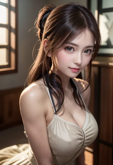 8K, of the highest quality, masutepiece:1.2), (Realistic, Photorealsitic:1.37), of the highest quality, masutepiece, Beautiful young woman, Pensive expression, Mischievous smile, sexy dress、Hair tied back, Glamorous atmosphere、Cinematic background, Light s...