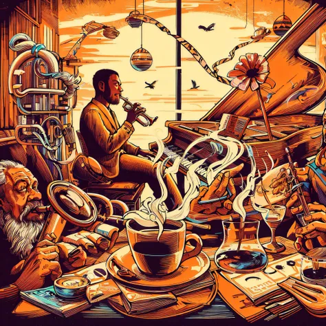 illustration of a man sitting on a chair drinking coffee, coffee and instruments, cyril rolando and m. w kaluta, cyril rolando a...