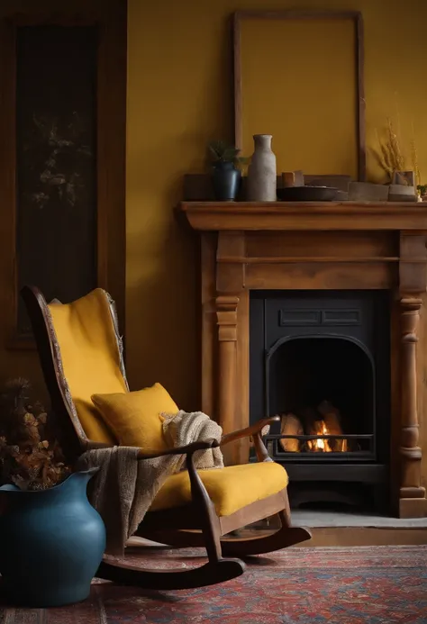 A snapshot of a cozy, handcrafted wooden rocking chair placed next to a warm fireplace with a soft blanket draped over the armrest.,original,Blue and yellow Swedish warehouse.