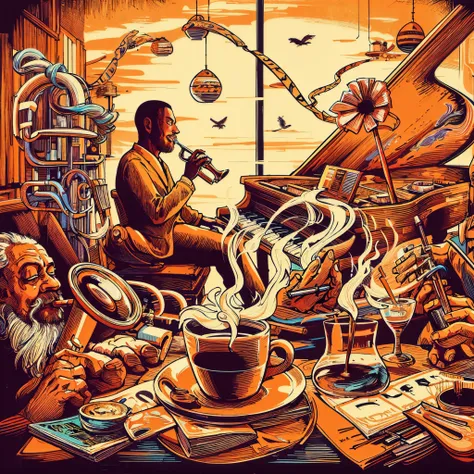 illustration of a man sitting on a chair drinking coffee, coffee and instruments, cyril rolando and m. w kaluta, cyril rolando a...