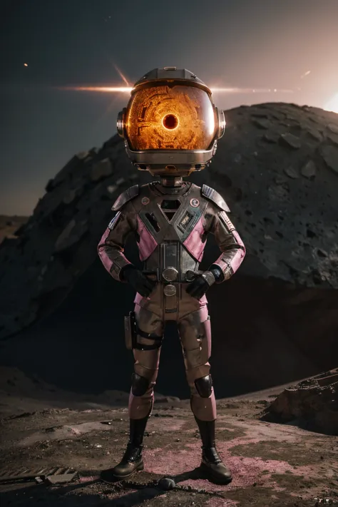 A Modern flat toon Crazy whit a Big ONE a Only Eye Robot and helmet Style, tongs in hands, Tv head, pinhead, camouflage PINK Rusty, Ambient in a meteorite crater super detailed, center, beautiful, soft lighting, focused on the character, 4K resolution, pho...