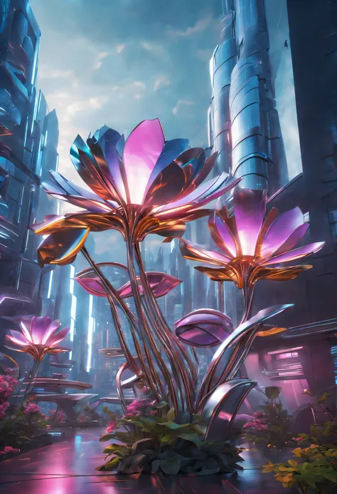 (best quality,highres,masterpiece:1.2),ultra-detailed,realistic,metal flowers blooming in a futuristic cityscape,realistic lighting effects,like being in a future world,architectural lines and colors complementing the metal flowers,creating a high-tech fut...