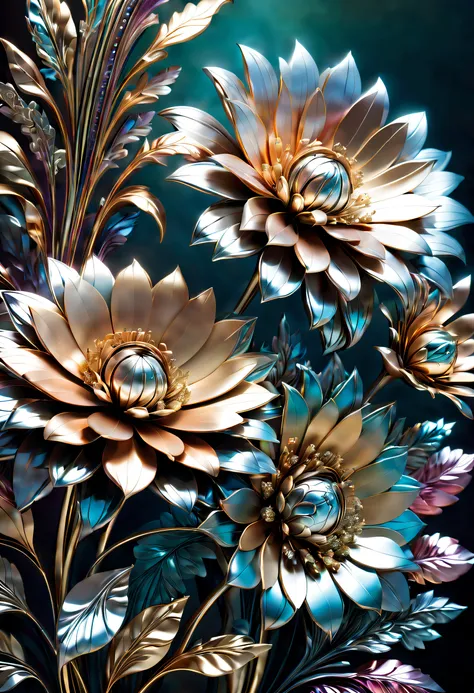 (best quality, highres, realistic:1.37), shiny metallic flowers, intricate and delicate petals, reflective surfaces, vibrant colors, intricate details, close-up view, surreal garden, surreal beauty, dreamy atmosphere, fine art, abstract botanicals, metalli...