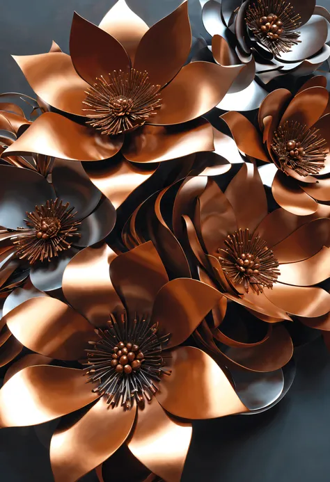 best quality,ultra-detailed,metal flowers,abstract art,shiny texture,contrasting colors,soft lighting,reflective surfaces,botanical theme,organic shapes,modern sculpture,industrial aesthetics,colorful petals,subtle rust,artistic composition,masterpiece:1.2