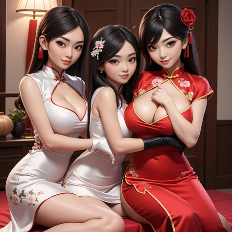 2 beautiful asian women, wearing silk chinese dress, large breasts, cleavage, masterpiece, highest quality, hugging each other, qipao, sexy, boots, gloves