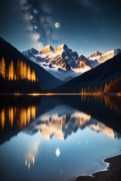 Very starry night. A giant moon behind the mountains. A tranquil lake reflecting the night. Realistic scene, detailed, photorealism, 8k