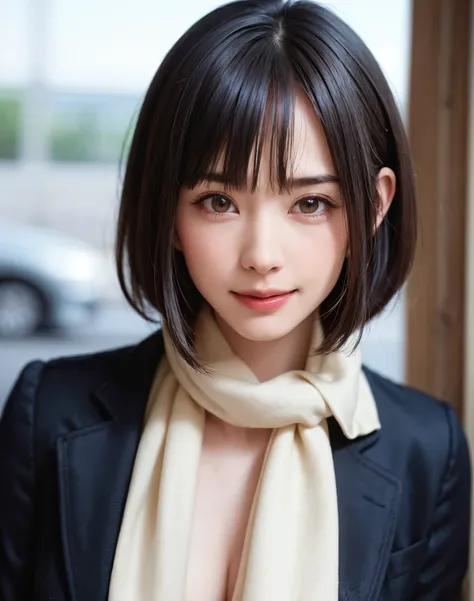 (​masterpiece, top-quality、Very attractive adult beauty、Add intense highlights to the eyes、Look firmly at the camera),1girl in, 独奏, Bangs brunette short bob hair, scarf,realisitic, looking at the viewers, brown eyes of light color、coat, Winter clothes, Whi...