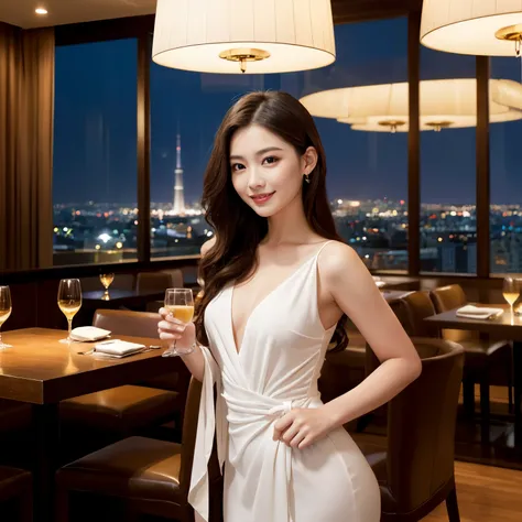 ((top-quality、masutepiece、8K、Top image quality、super-fine))、1 beauty、Classy dresses、beautiful dress、Photo from the waist of a woman、Chignonhair、Perfect makeup、Elegant hair ornament on the head、The background is a high-end restaurant on the 40th floor.、High...