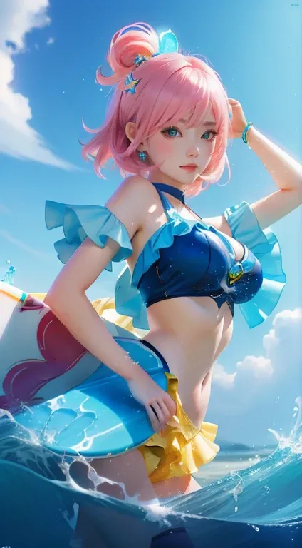 a cartoon girl in a bikini top riding a surfboard, splash art anime loli, mobile wallpaper, orianna, official splash art, from mobile legends, splash art, beautiful portrait of angela, extremely detailed artgerm, angela, mobile legends character, angela fr...