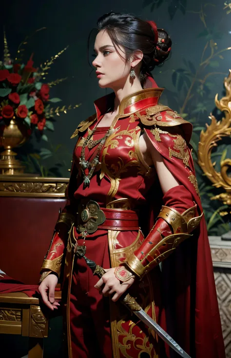 looks serious.., lip press., (updo red:1.2), (red steel armor:1.1) and a robe... (capes:1.2) royal style family (embroidery:0.5)...