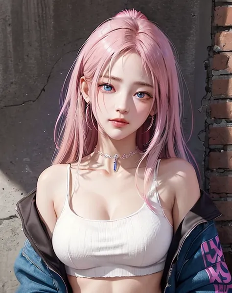 (masterpiece, best quality, 1girl, solo, intricate details, chromatic aberration), realistic, ((medium breath)),long hair, pink hair, red head ornament, pink highlights, hair over one eye,purple eyes, earrings, sharp eyes, choker, neon shirt, open jacket, ...