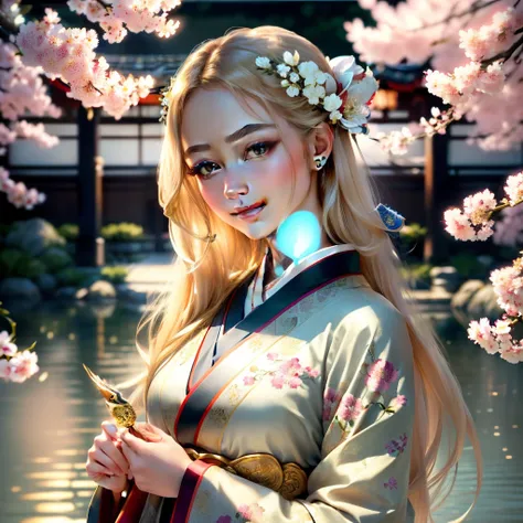 (best quality,4k,8k,highres,masterpiece:1.2),ultra-detailed,realistic,
portrait of a beautiful woman in a traditional Japanese kimono(gorgeous details,long sleeves),
enjoying the serene beauty of a Japanese garden in full bloom(blossoming cherry trees with...