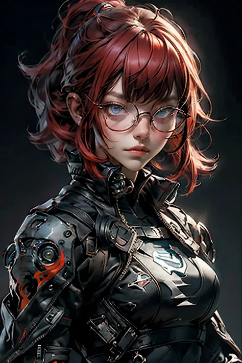 1nerdy girl with glasses, 28yo, Pia bangs hairstyle, (fringe cut bangs hairstyle), (The forehead is hidden by bangs), (((red hair))), ((boyish)), ((pony tail)), asymmetrical hair, (((black-rimmed round glasses))), ((beautifully detailed face)), long eyelas...