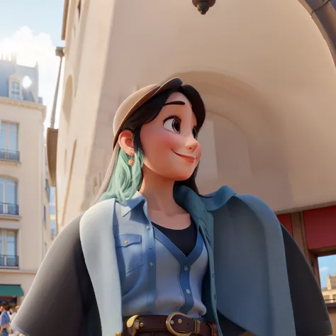 Masterpiece, superior quality, ultra-detailed, 8k drawing under CG unity, a woman looking directly at the observer, summer subject, a charmed and happy look, in the city center of paris, smiling, with long black hair and cowboy style.