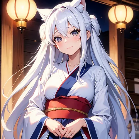 a woman with long white hair wearing a kimono and having shining white eyes.