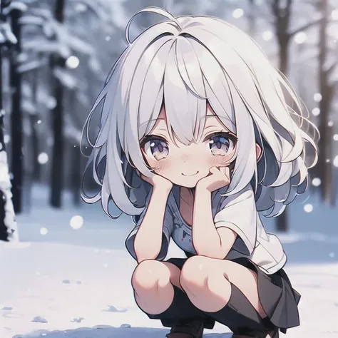 girl, ((loli)), medium hair, ((small breasts)), shorts under skirt, white hair, kawaii, ((chibi)), snow, squatting, white kneehighs, light smile, looking at viewer,