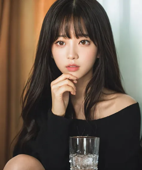 There is a woman drinking a glass of water, She has black hair with bangs, curtain bangs, jisoo from blackpink, portrait jisoo blackpink, jisoo of blackpink, song hye - kyo, lee ji-eun, lee ji - eun, With bangs, sun yunjoo, blunt bangs fall on her forehead...