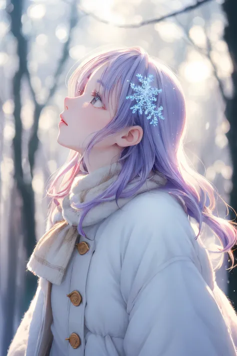 1girl, gradient hair, detailed clothes, winter forest, snowflake, soft cinematic light, elegant, highly detailed, faded, hires, backlighting, face focus, sparkle, from side, looking up