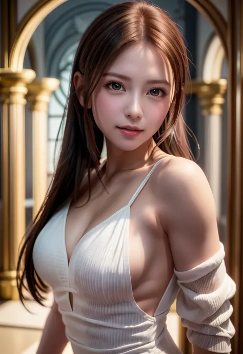 8K, of the highest quality, masutepiece:1.2), (Realistic, Photorealsitic:1.37), of the highest quality, masutepiece, Beautiful young woman, Pensive expression, Mischievous smile, sexy dress、Hair tied back, Glamorous atmosphere、Cinematic background, Light s...