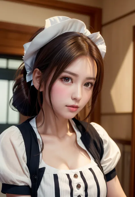 8K, of the highest quality, masutepiece:1.2), (Realistic, Photorealsitic:1.37), of the highest quality, masutepiece, Beautiful young woman, Pensive expression,、A charming、and an inviting look, Cute Maid Clothes, Hair tied back, Cinematic background, Light ...