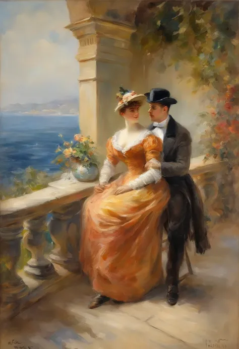 A romantic scene, a full body view of buxom elegant lady and a young man on a terrace overlooking the sea. Victorian era, watercolor painting