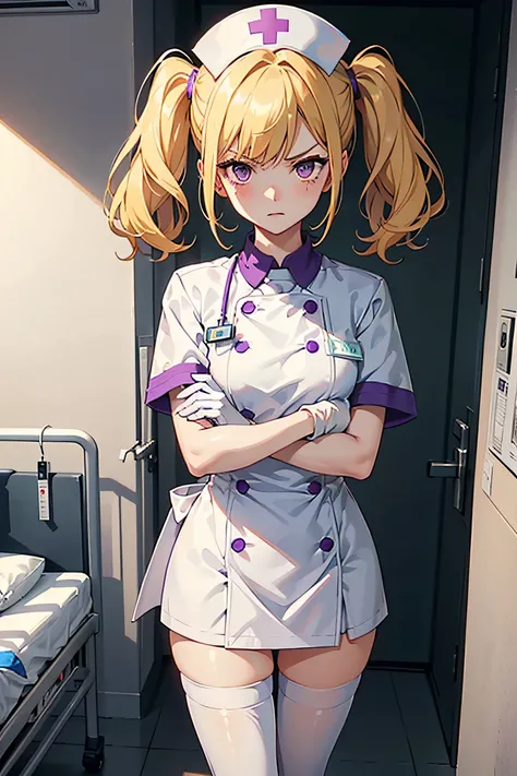 1girl, solo, nurse, nurse cap, white wear, ((white legwear, zettai ryouiki)), white gloves, twintails, yellow hair, purple eyes, angry, crossed arms, standing, ((hospital room)), sharp outline, short sleeves, best quality, masterpiece