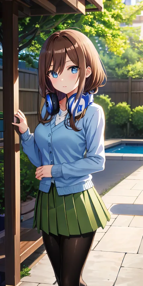 Masutepiece, Best quality, (highly detailed CG Unity 8k wallpaper) (Best quality), (best illustration), (Best shadows), Miku nakano,1girl,alone, brown hair, blue eyes,beautiful detailed eyes , Looking at viewer,((Blue cardigan)),((Short green pleated skirt...