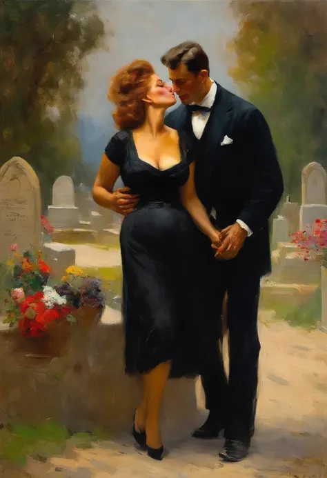 Sophia Loren as A buxom, 60 years old widow wearing a black dress and a young handsome coach man wearing breeches hugging and making out at a grave in a cemetery , painting by Adolphe Menzel