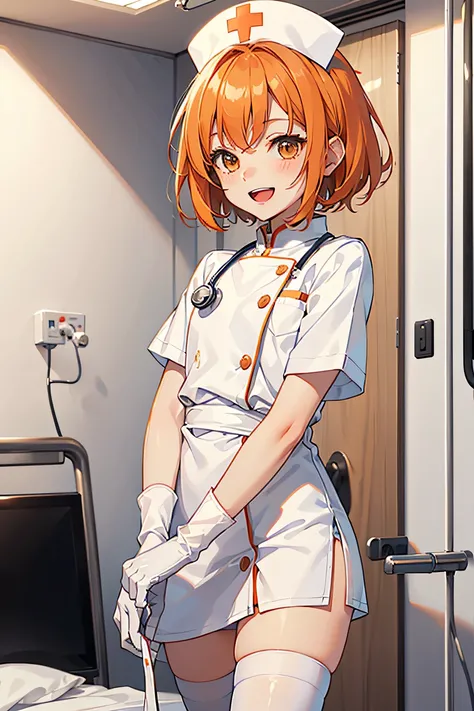 1boy, solo, male focus, nurse, nurse cap, white wear, ((white legwear, zettai ryouiki)), white gloves, short hair, orange hair, smile, open mouth, standing, ((hospital room)), sharp outline, short sleeves, shota, 12 years old, best quality, masterpiece