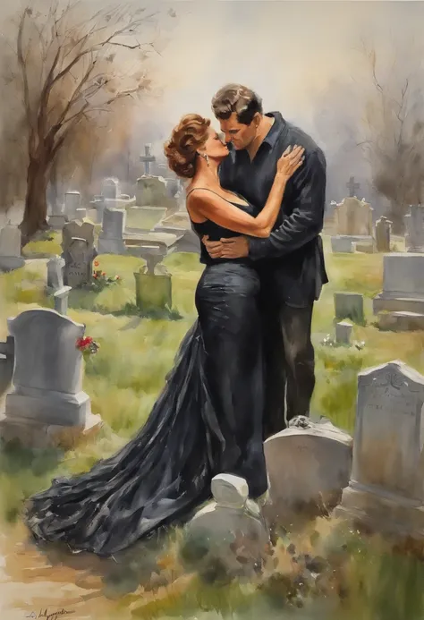 Sophia Loren as A buxom, 60 years old widow wearing a black dress and a young handsome coach man wearing breeches hugging and making out at a grave in a cemetery , painting by Adolphe Menzel