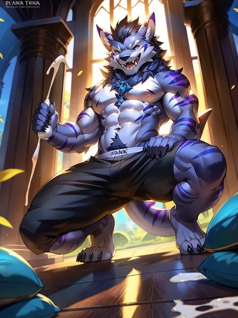 Beautiful detailed portrait showing male werewolf , Full body like，subtract, author：ross tran,ruanjia, A high resolution, photo-realism, 电影灯光,Muscle tissue，kneel，Vigorous， White belly，Hairy belly，Black  shorts，canineteeth, ssmile, take off your pants，The p...