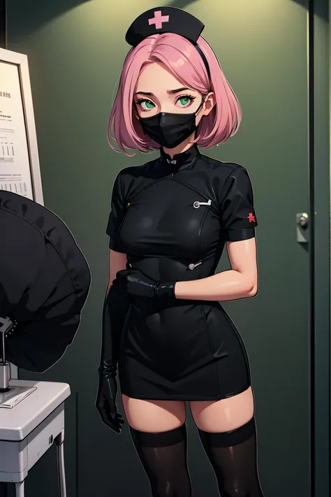 black nurse, 1girl, solo, black nurse cap, black wear, ((black legwear, zettai ryouiki)), black elbow gloves, pink hair, green e...