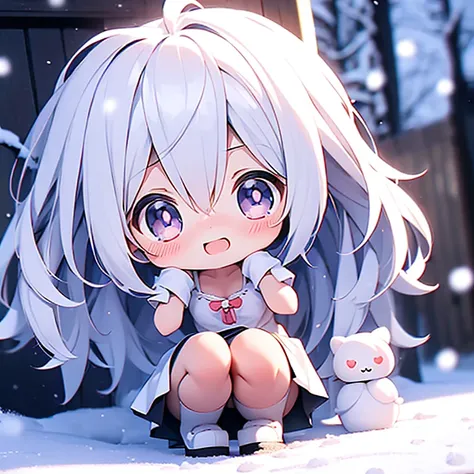 girl, ((loli)), medium hair, ((small breasts)), shorts under skirt, white hair, kawaii, ((chibi)), snow, squatting, white kneehighs, light smile, looking at viewer, uwabaki,