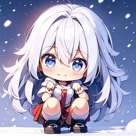 girl, ((loli)), medium hair, ((small breasts)), shorts under skirt, white hair, kawaii, ((chibi)), snow, squatting, white kneehighs, light smile, looking at viewer, uwabaki,