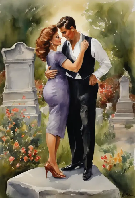 Sophia Loren as A buxom, 60 years old widow wearing a black dress and a young handsome coach man wearing breeches hugging and making out at a grave in a cemetery , painting by Adolphe Menzel