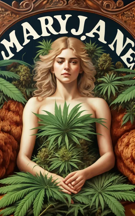 um close de uma mulher segurando um pote de maconha, Princesa da Cannabis, personification of marijuana, organic marijuana painting, paranoia da Cannabis, Cannabis, inspirado por Mary Jane Begin, Cannabis!, Maria Jane, parte estilo leyendecker, high times ...