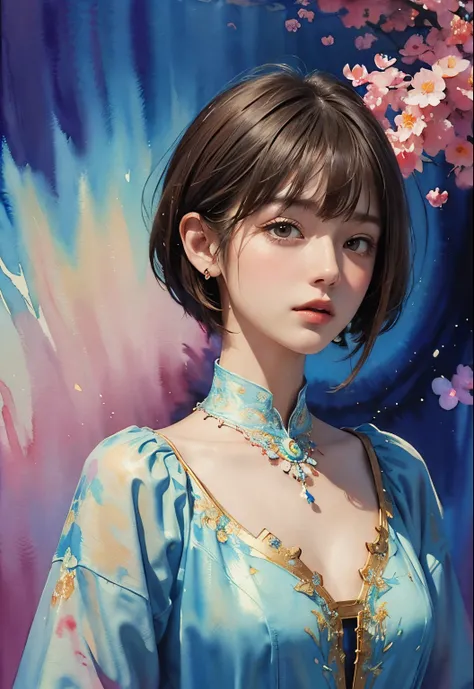 (​masterpiece、top-quality、top-quality、Official art、Beautifully Aesthetic:1.2)、(1girl in)、ighly detailed、(Fractal Art:1.3), (watercolor paiting:1.3), colourfull、highestdetailed, ((short hair with bangs))