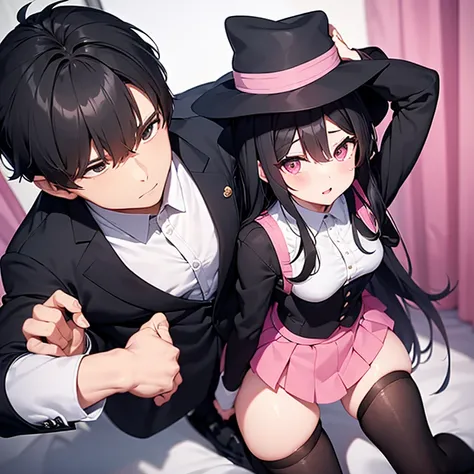 picture of two people, one man, one woman. The man has black hair, no hat, is dressed in a black suit, tie and long black trousers. The woman has long white hair down to her waist, wears a cute pink hat, wears pink casual clothes and wears a fairly small s...