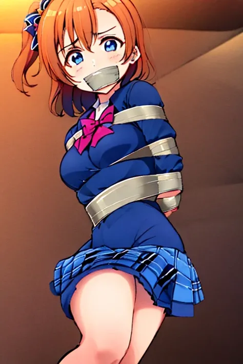 masterpiece, (best quality), perfect eyes, bound, bondage, (arms behind back:1.4), bdsm, tape gag, tape, tape bondage, restrained, best anatomy, upper body, 1girl, solo,(best quality),(masterpiece:1.1),blue (school uniform:1.4),dress, looking_at_viewer, ne...