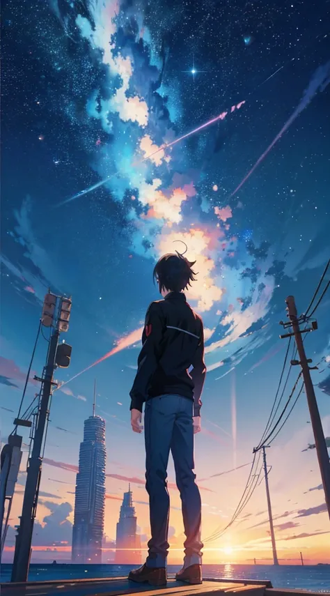 Anime Style Makoto Shinkai, Anime Character: A man standing on a pier and looking at the sky, Dramatic space sky, posterior view, Makoto Shinkai Style Art, Best Quality,