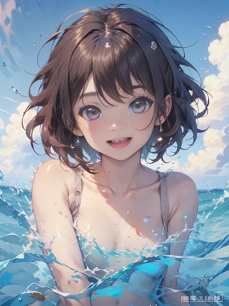 girl with、10 talents、Playing in the sea、Happy look、brown haired、short-hair、A smile、Mouth open、Do not draw the tongue、​masterpiece、top-quality、beautiful countenance、detail portrayal、fullllbody, long focal、Composition with depth、