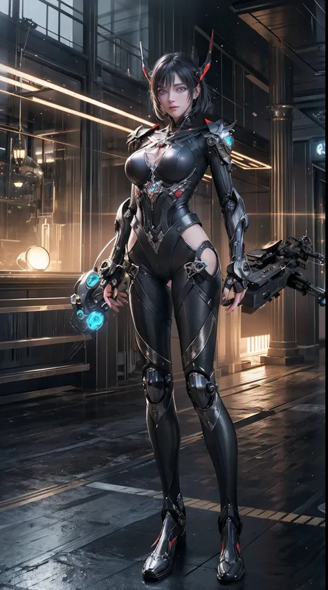 (from front:1.5), (1mechanical girl:1.5),full body, solo, Slim waist, thick thighs,  (machine made joints:1.2),(machanical limbs:1.1),(blood vessels connected to tubes),(mechanical vertebra attaching to back),(mechanical cervial attaching to neck), lights ...