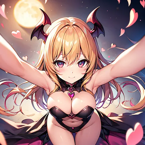 Succubus　Seduction poses　Erotic body　　kawaii faces　Enchanting face　Pose with open arms　heart mark　A slight smil　Peachy Hair　Eyes are hearts　4-arm　Charm Magic　Angle from above