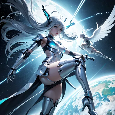 1girl in,A girl with a cyborg body watching a flying kick..,Beautiful as an angel,cool expression,Accurately drawn face,Long flowing silver hair,mechanical ears,perfectly proportions,precision mechanical fingers,Cyborg body precisely designed with plastic ...